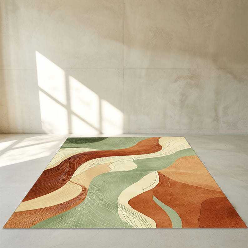Wave Pattern Rug, Earth Tone Carpet, Green Beige Rug, Organic Modern Decor, Terracotta Living Room Rug, Natural Color Rug, Flow Line Rug