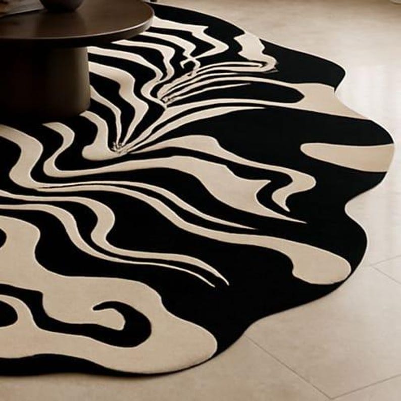 Modern Irregular Wavy Black & White Rug | Abstract Optical Illusion Carpet | Bold Tufted Design for Living Room, Bedroom, or Office Decor