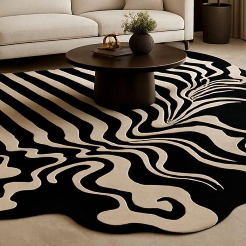 Modern Irregular Wavy Black & White Rug | Abstract Optical Illusion Carpet | Bold Tufted Design for Living Room, Bedroom, or Office Decor