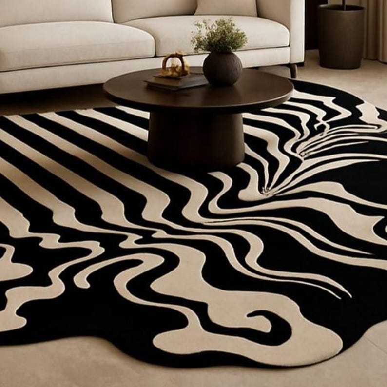 Modern Irregular Wavy Black & White Rug | Abstract Optical Illusion Carpet | Bold Tufted Design for Living Room, Bedroom, or Office Decor
