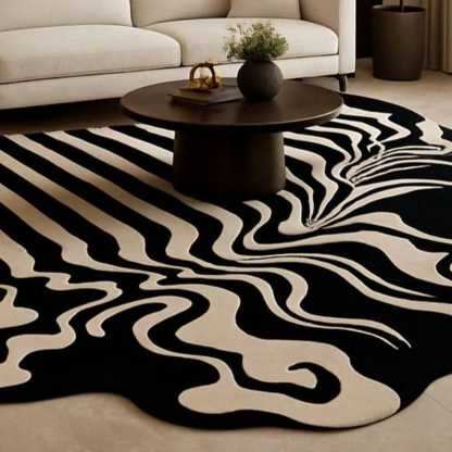Modern Irregular Wavy Black & White Rug | Abstract Optical Illusion Carpet | Bold Tufted Design for Living Room, Bedroom, or Office Decor