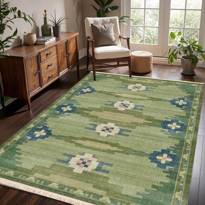 70s Inspired Green Vintage Washable Rug with Anatolian Kilim Motif Recycled Cotton Digital Printed Rug Non Slip Stain Resist Röllakan 164