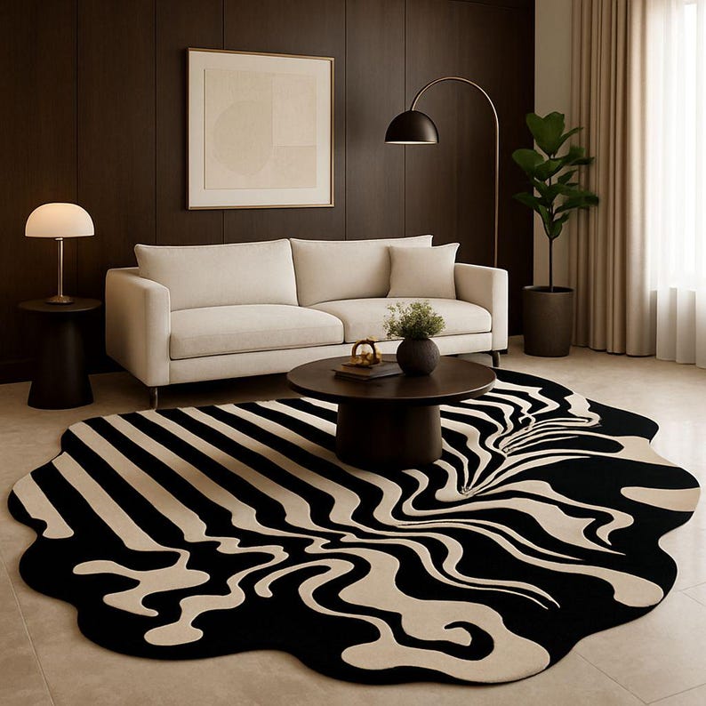 Modern Irregular Wavy Black & White Rug | Abstract Optical Illusion Carpet | Bold Tufted Design for Living Room, Bedroom, or Office Decor