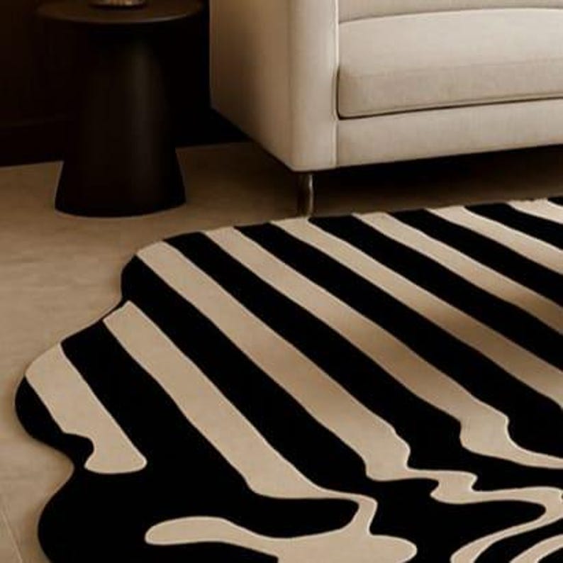 Modern Irregular Wavy Black & White Rug | Abstract Optical Illusion Carpet | Bold Tufted Design for Living Room, Bedroom, or Office Decor