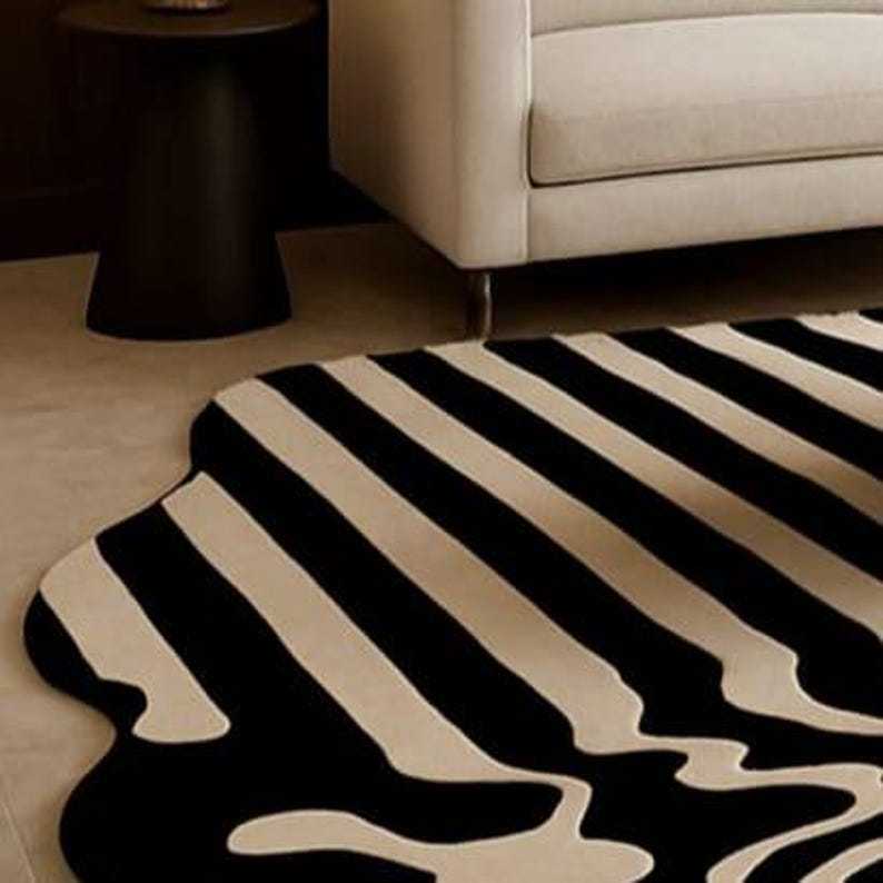 Modern Irregular Wavy Black & White Rug | Abstract Optical Illusion Carpet | Bold Tufted Design for Living Room, Bedroom, or Office Decor