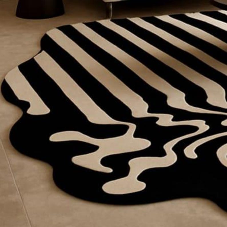 Modern Irregular Wavy Black & White Rug | Abstract Optical Illusion Carpet | Bold Tufted Design for Living Room, Bedroom, or Office Decor