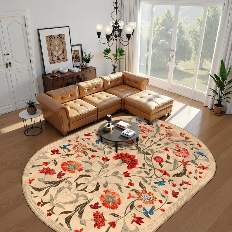 Boho Chic Elegance Floral Oval Rug, Turkish Modern Unique Oval Rug, Washable Oval Rug, Distressed Large Oval Area Rug, Rugs for Living Room