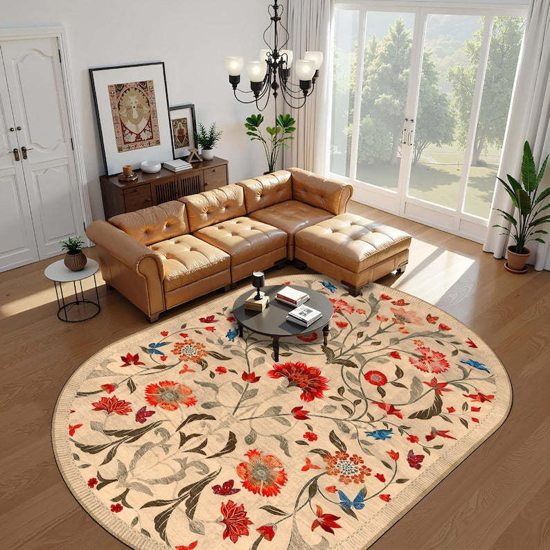 Boho Chic Elegance Floral Oval Rug, Turkish Modern Unique Oval Rug, Washable Oval Rug, Distressed Large Oval Area Rug, Rugs for Living Room