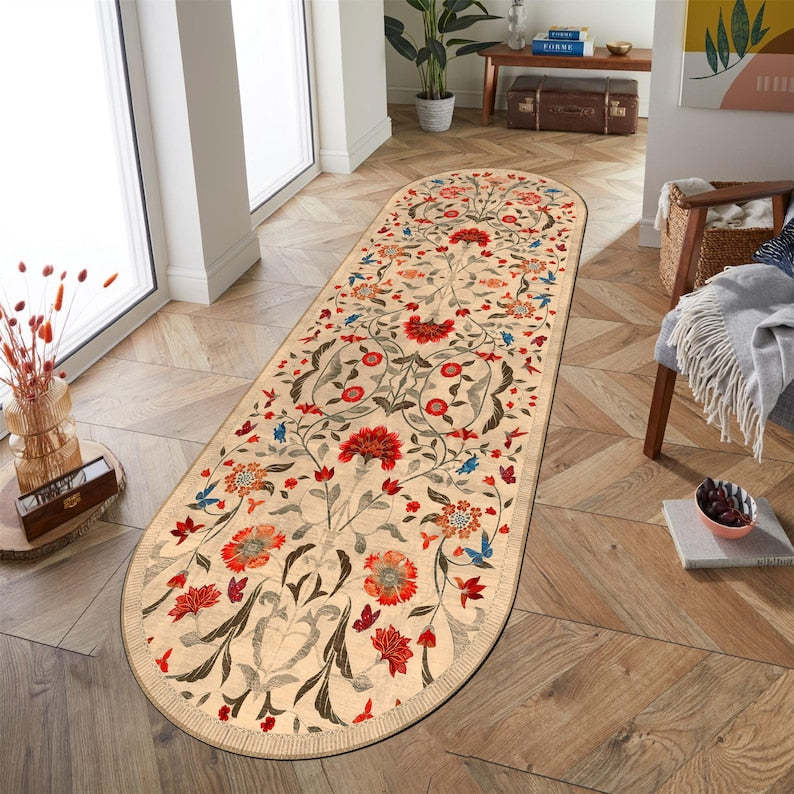 Boho Chic Elegance Floral Oval Rug, Turkish Modern Unique Oval Rug, Washable Oval Rug, Distressed Large Oval Area Rug, Rugs for Living Room