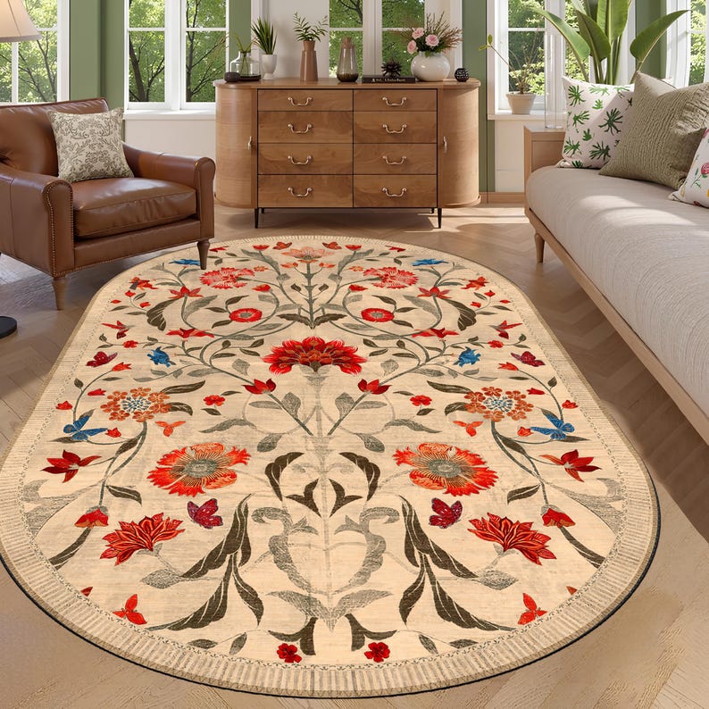 Boho Chic Elegance Floral Oval Rug, Turkish Modern Unique Oval Rug, Washable Oval Rug, Distressed Large Oval Area Rug, Rugs for Living Room