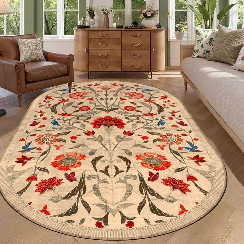 Boho Chic Elegance Floral Oval Rug, Turkish Modern Unique Oval Rug, Washable Oval Rug, Distressed Large Oval Area Rug, Rugs for Living Room