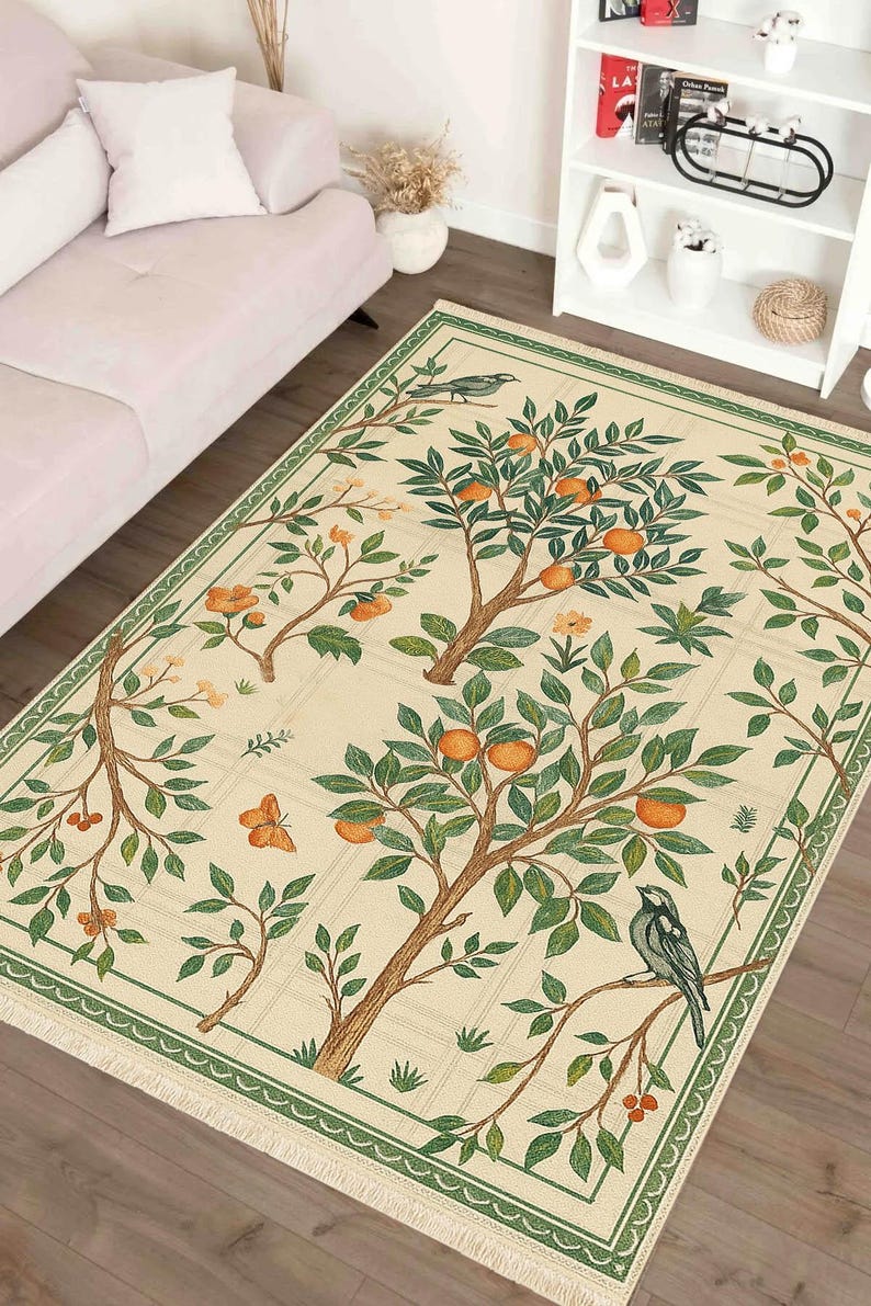 Colorful Washable Rug with Fruit Trees Birds and Greenery, Light Background Digital Print Carpet, Recycled Cotton Non Slip Custom Size