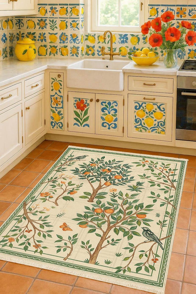 Colorful Washable Rug with Fruit Trees Birds and Greenery, Light Background Digital Print Carpet, Recycled Cotton Non Slip Custom Size