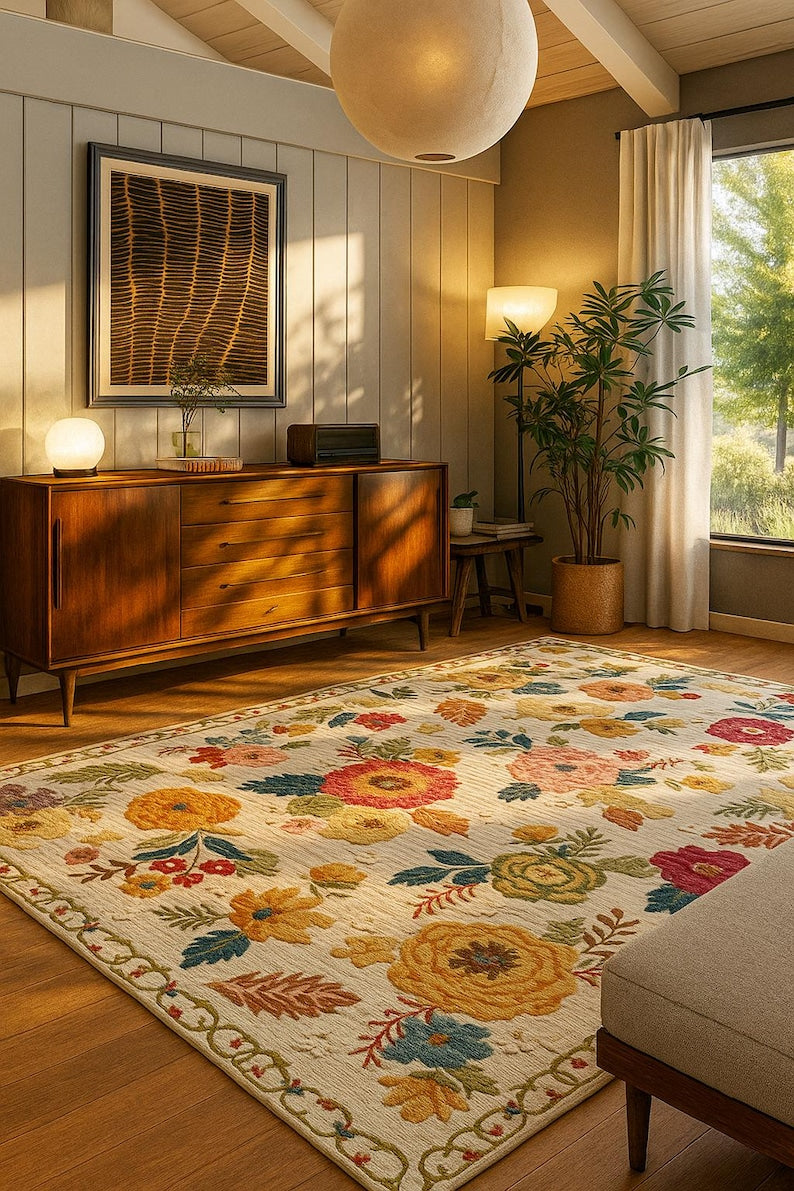 Vintage Floral Area Rug 5x7 – Machine Washable Soft Low Pile Faux Wool Carpet