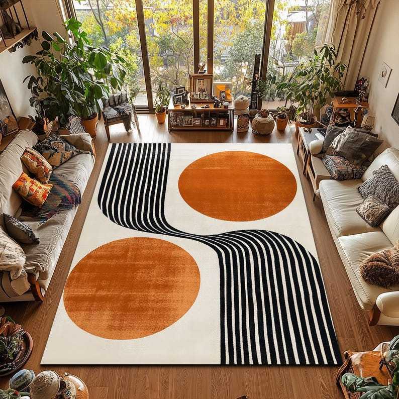 Retro Minimalist Orange Circle Lines Area Rug - Geometric Accent Carpet- Living Room Rug