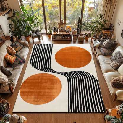 Retro Minimalist Orange Circle Lines Area Rug - Geometric Accent Carpet- Living Room Rug