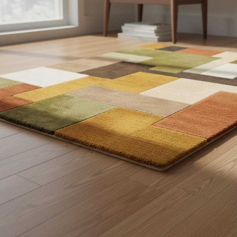 Retro Geometric Rug | Mid Century Modern Wool Tufted Carpet | Handmade Shag Area Rug | Earthy Green Brown Cream Decor | Vintage Style