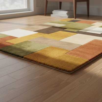 Retro Geometric Rug | Mid Century Modern Wool Tufted Carpet | Handmade Shag Area Rug | Earthy Green Brown Cream Decor | Vintage Style