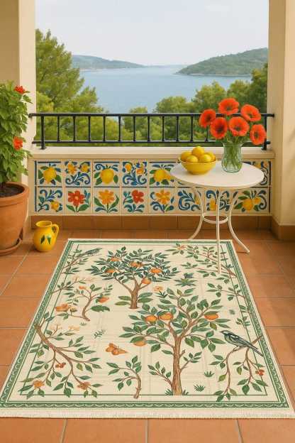 Colorful Washable Rug with Fruit Trees Birds and Greenery, Light Background Digital Print Carpet, Recycled Cotton Non Slip Custom Size