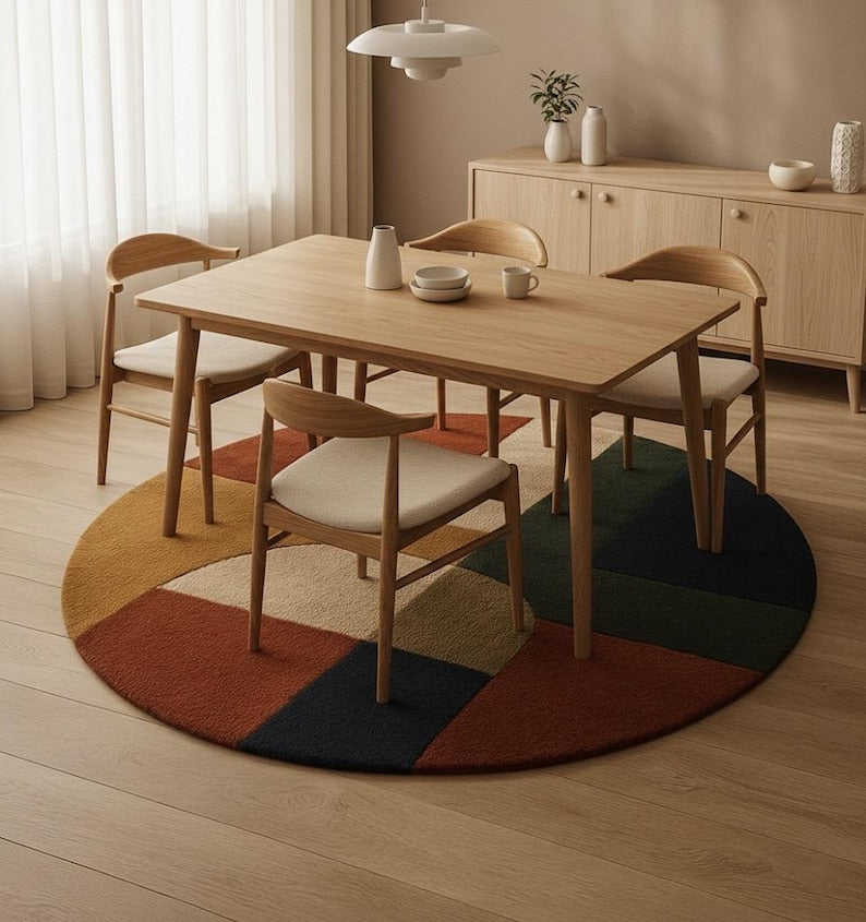 Round Tufted Rug – Handmade Mid Century Modern Carpet in Mustard, Rust, Green & Cream Tones – 70s Style Living Room Rug