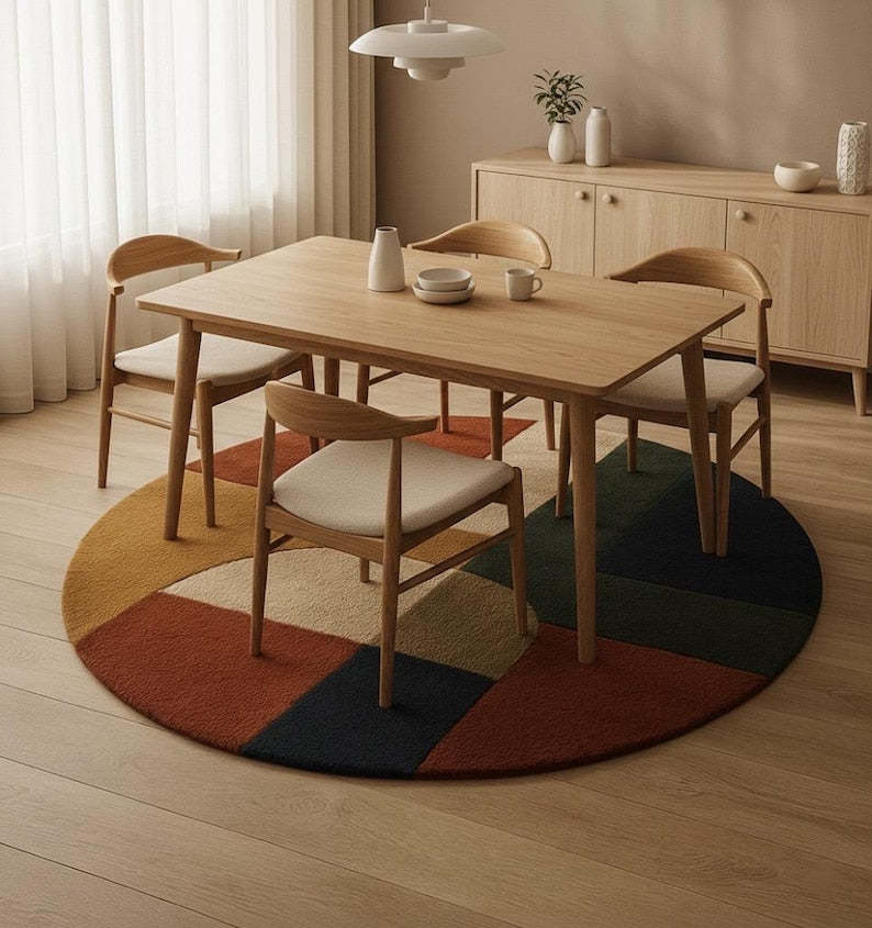 Round Tufted Rug – Handmade Mid Century Modern Carpet in Mustard, Rust, Green & Cream Tones – 70s Style Living Room Rug