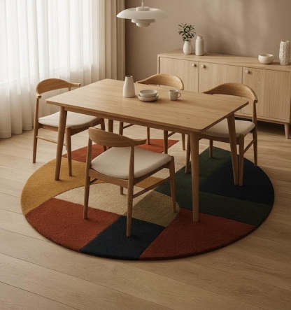 Round Tufted Rug – Handmade Mid Century Modern Carpet in Mustard, Rust, Green & Cream Tones – 70s Style Living Room Rug