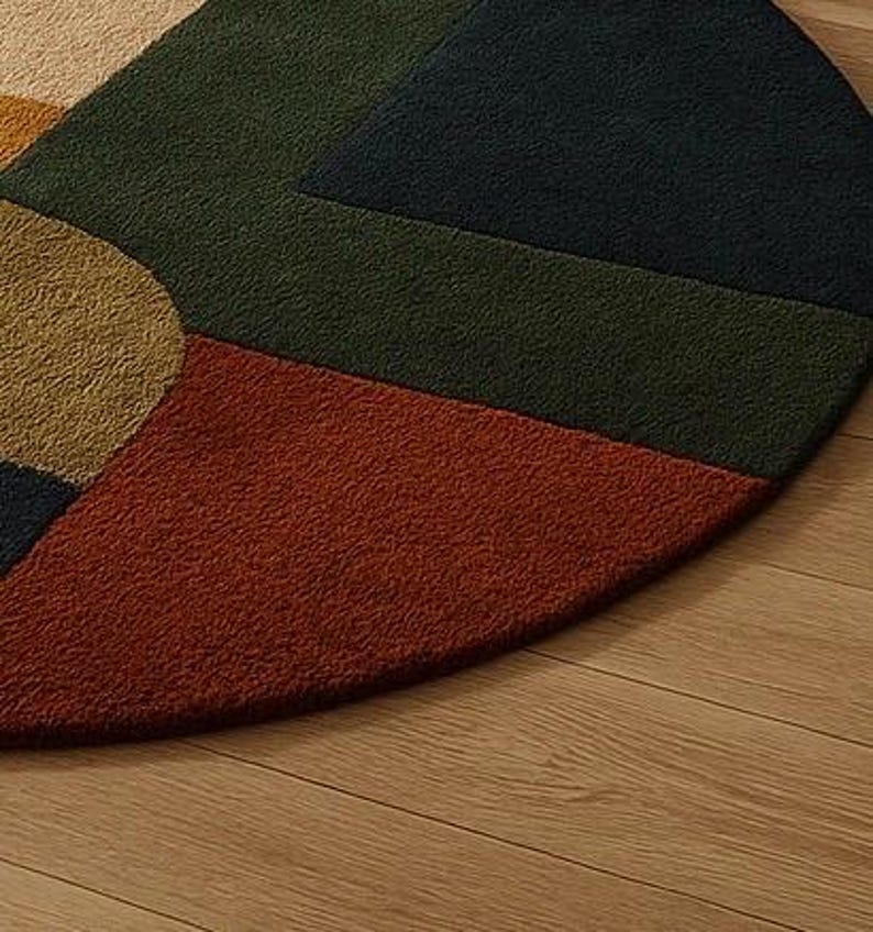 Round Tufted Rug – Handmade Mid Century Modern Carpet in Mustard, Rust, Green & Cream Tones – 70s Style Living Room Rug