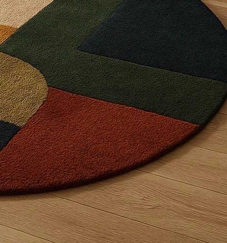 Round Tufted Rug – Handmade Mid Century Modern Carpet in Mustard, Rust, Green & Cream Tones – 70s Style Living Room Rug