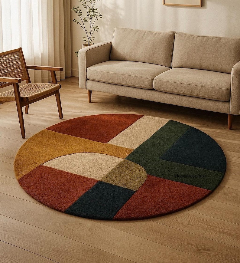 Round Tufted Rug – Handmade Mid Century Modern Carpet in Mustard, Rust, Green & Cream Tones – 70s Style Living Room Rug