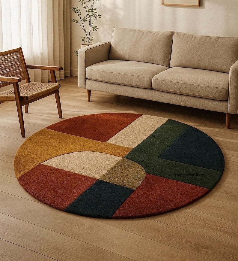 Round Tufted Rug – Handmade Mid Century Modern Carpet in Mustard, Rust, Green & Cream Tones – 70s Style Living Room Rug