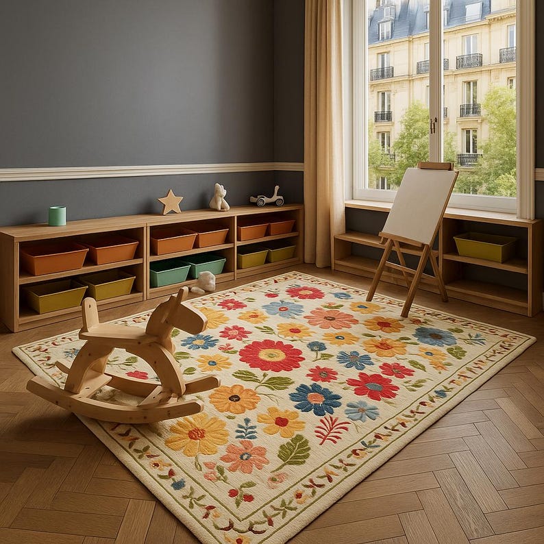 Vintage Floral Area Rug 5x7 – Machine Washable Soft Low Pile Faux Wool Carpet