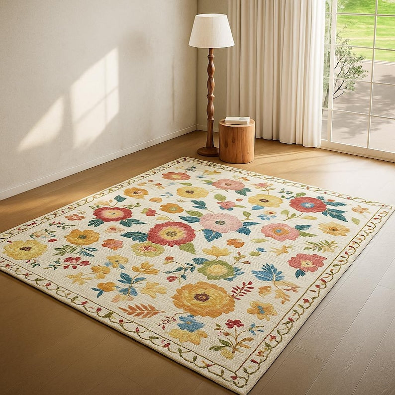 Vintage Floral Area Rug 5x7 – Machine Washable Soft Low Pile Faux Wool Carpet