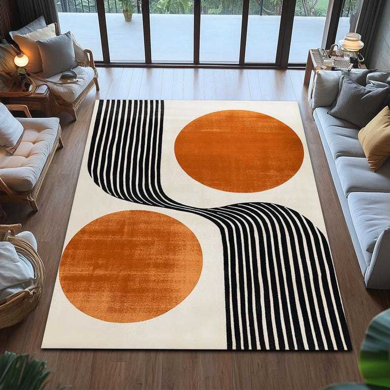 Retro Minimalist Orange Circle Lines Area Rug - Geometric Accent Carpet- Living Room Rug