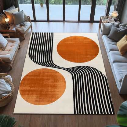 Retro Minimalist Orange Circle Lines Area Rug - Geometric Accent Carpet- Living Room Rug