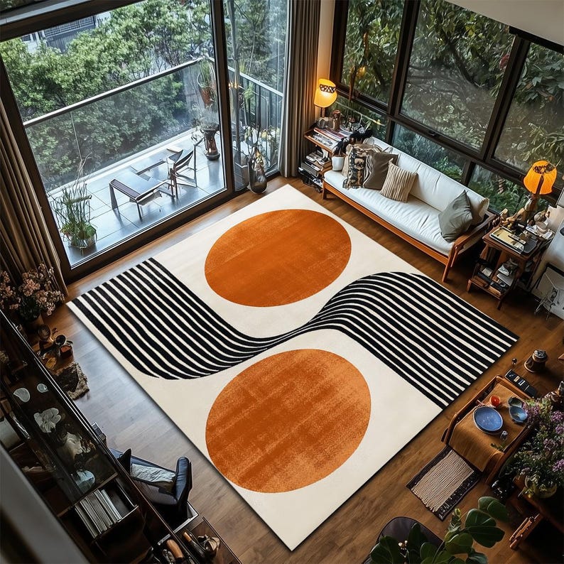 Retro Minimalist Orange Circle Lines Area Rug - Geometric Accent Carpet- Living Room Rug