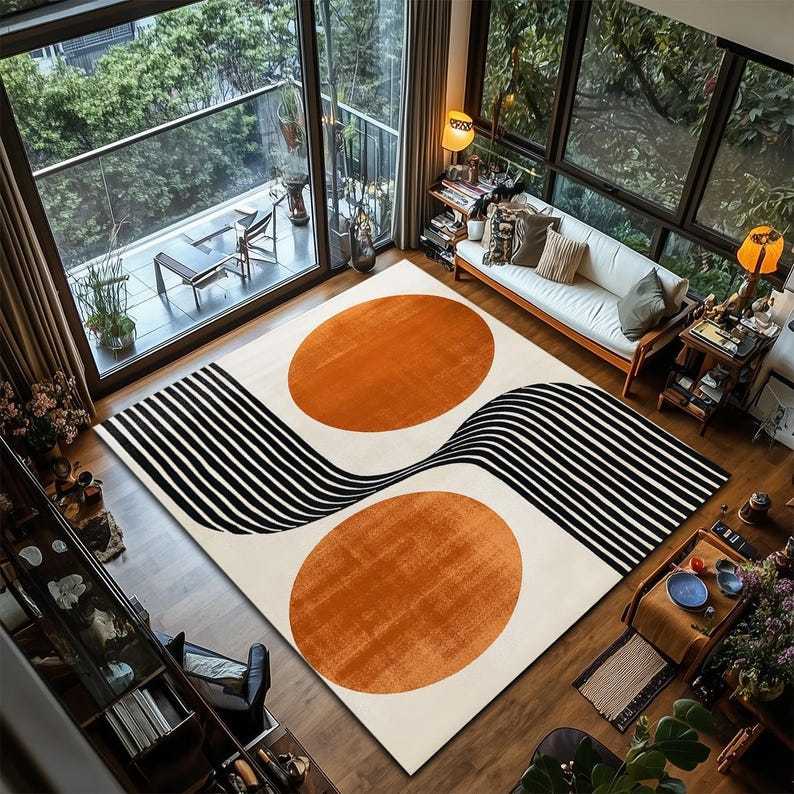 Retro Minimalist Orange Circle Lines Area Rug - Geometric Accent Carpet- Living Room Rug