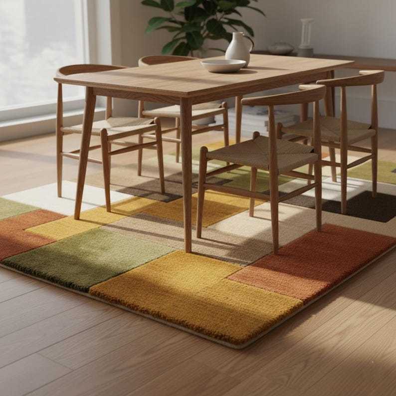 Retro Geometric Rug | Mid Century Modern Wool Tufted Carpet | Handmade Shag Area Rug | Earthy Green Brown Cream Decor | Vintage Style