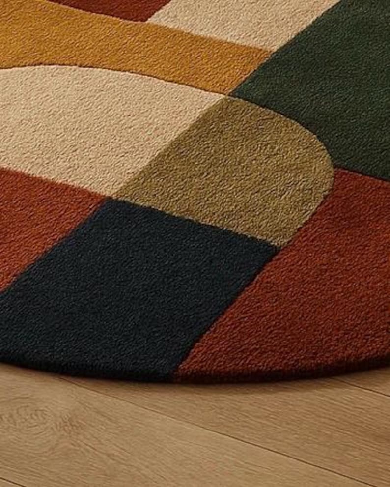 Round Tufted Rug – Handmade Mid Century Modern Carpet in Mustard, Rust, Green & Cream Tones – 70s Style Living Room Rug