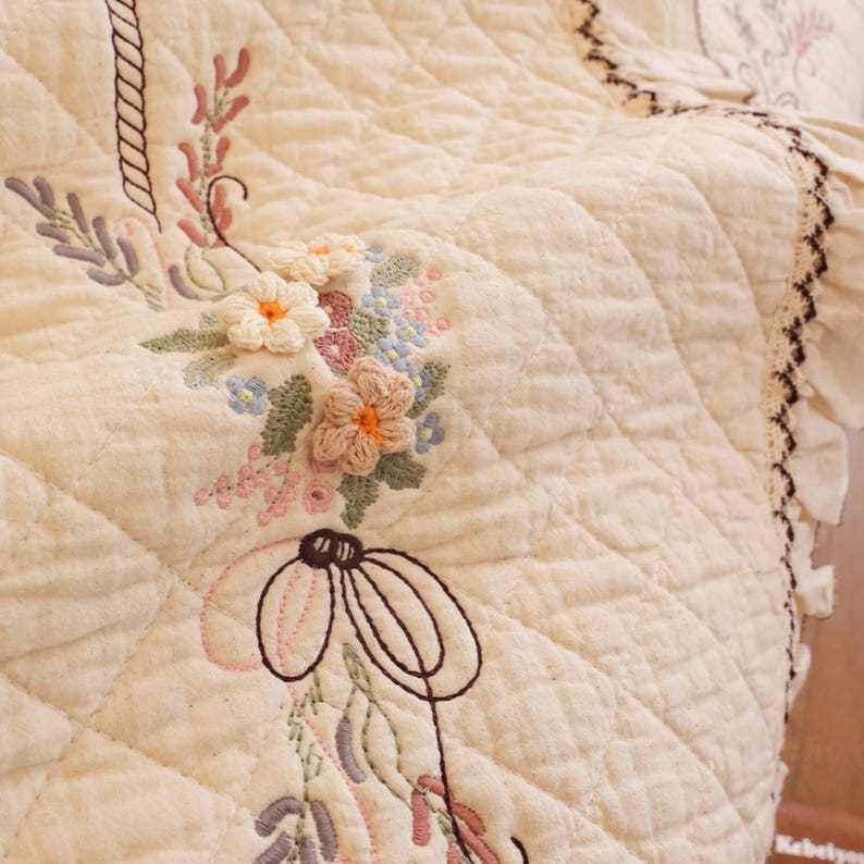 Flower Embroidered Cotton Linen Sofa Cover: Anti-Slip Couch Protector, Seasonal Cat Dog Pad