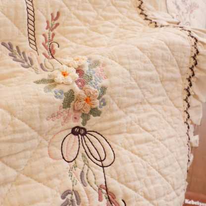 Flower Embroidered Cotton Linen Sofa Cover: Anti-Slip Couch Protector, Seasonal Cat Dog Pad