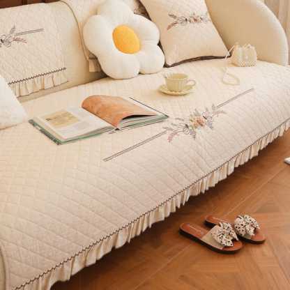 Flower Embroidered Cotton Linen Sofa Cover: Anti-Slip Couch Protector, Seasonal Cat Dog Pad