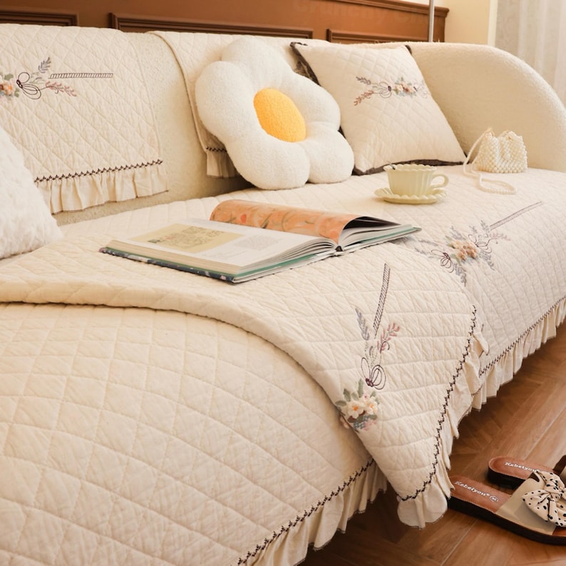 Flower Embroidered Cotton Linen Sofa Cover: Anti-Slip Couch Protector, Seasonal Cat Dog Pad