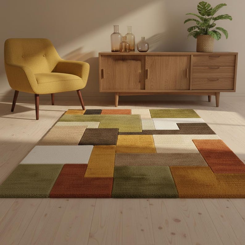 Retro Geometric Rug | Mid Century Modern Wool Tufted Carpet | Handmade Shag Area Rug | Earthy Green Brown Cream Decor | Vintage Style