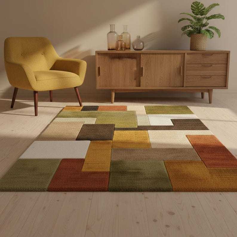 Retro Geometric Rug | Mid Century Modern Wool Tufted Carpet | Handmade Shag Area Rug | Earthy Green Brown Cream Decor | Vintage Style