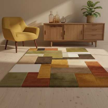 Retro Geometric Rug | Mid Century Modern Wool Tufted Carpet | Handmade Shag Area Rug | Earthy Green Brown Cream Decor | Vintage Style