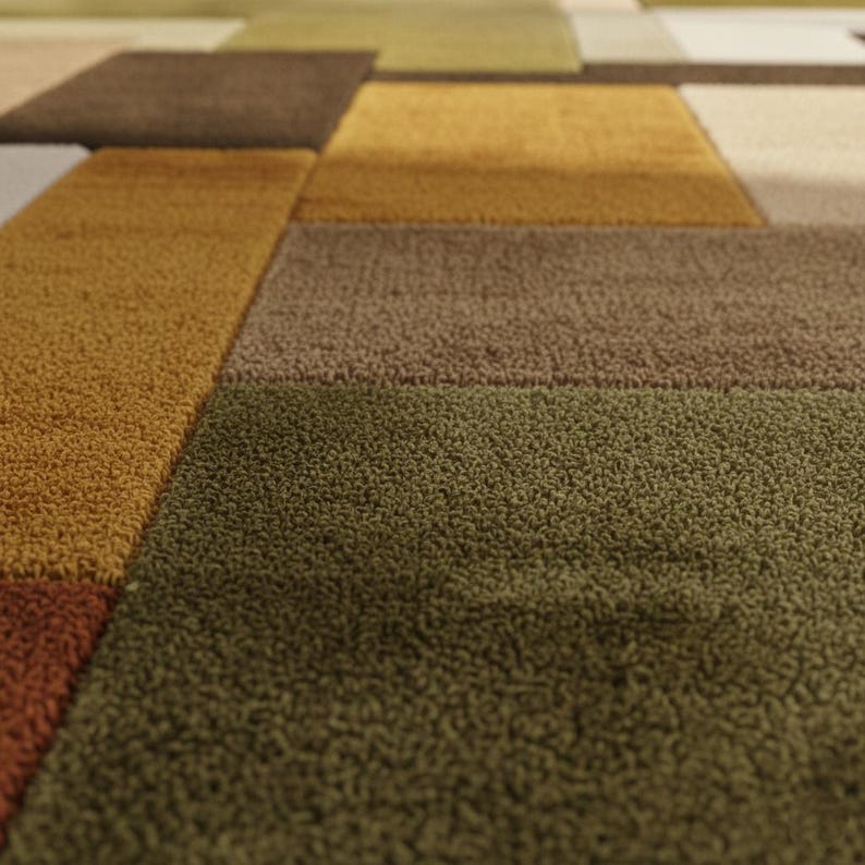 Retro Geometric Rug | Mid Century Modern Wool Tufted Carpet | Handmade Shag Area Rug | Earthy Green Brown Cream Decor | Vintage Style