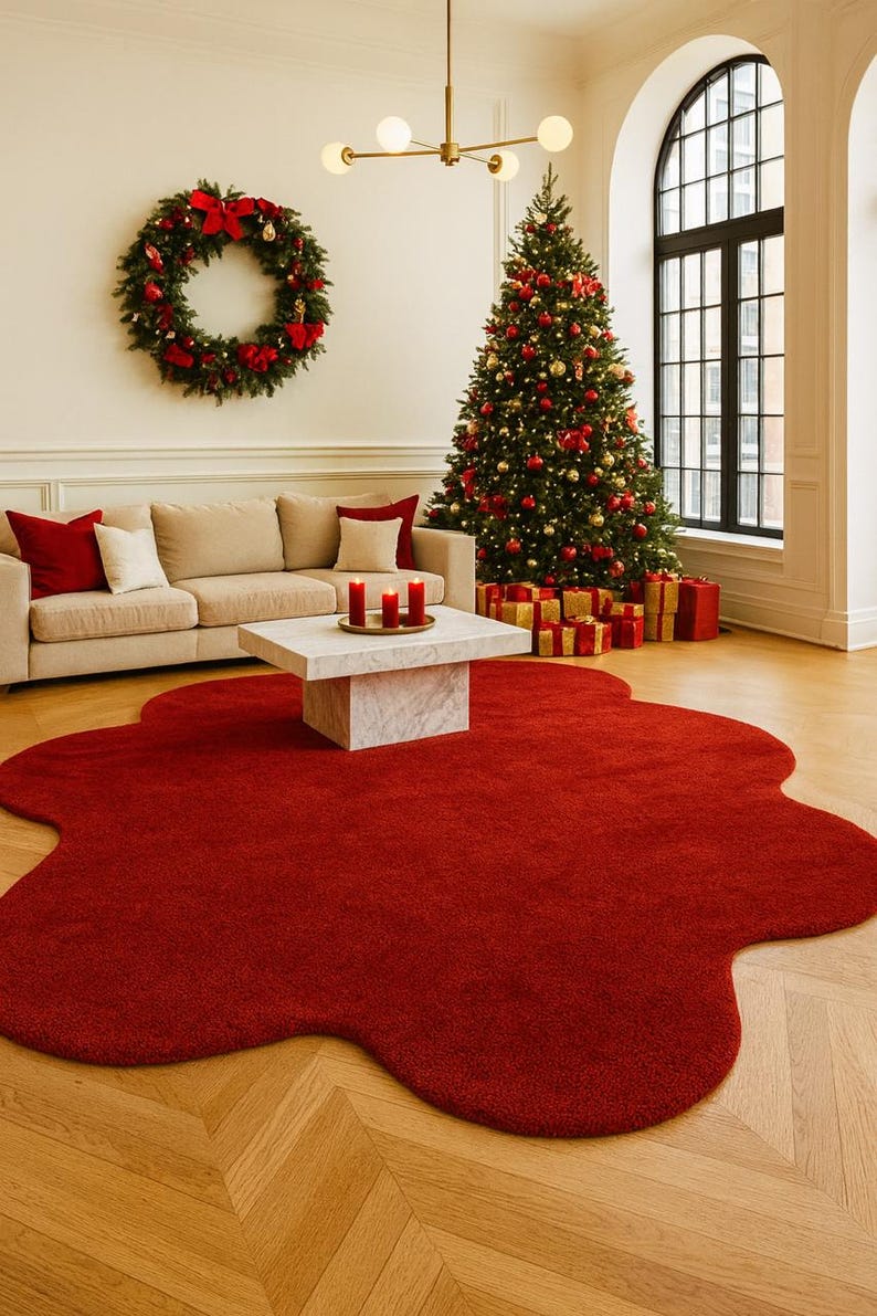 Statement Red Blob Rug | Unique Abstract Shape Living Room Carpet | Christmas Holiday Decor | Soft Shaggy Texture