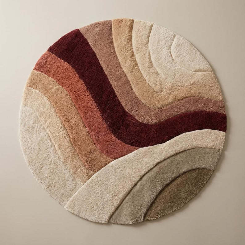 Round Sunset Wool Tufted Rug – Modern Boho Earth Tone Round Area Rug, Textured Hand-Tufted Circular Carpet for Living Room