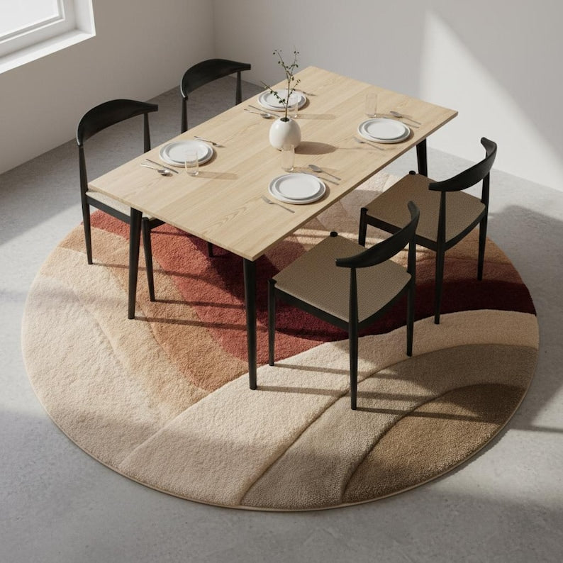 Round Sunset Wool Tufted Rug – Modern Boho Earth Tone Round Area Rug, Textured Hand-Tufted Circular Carpet for Living Room