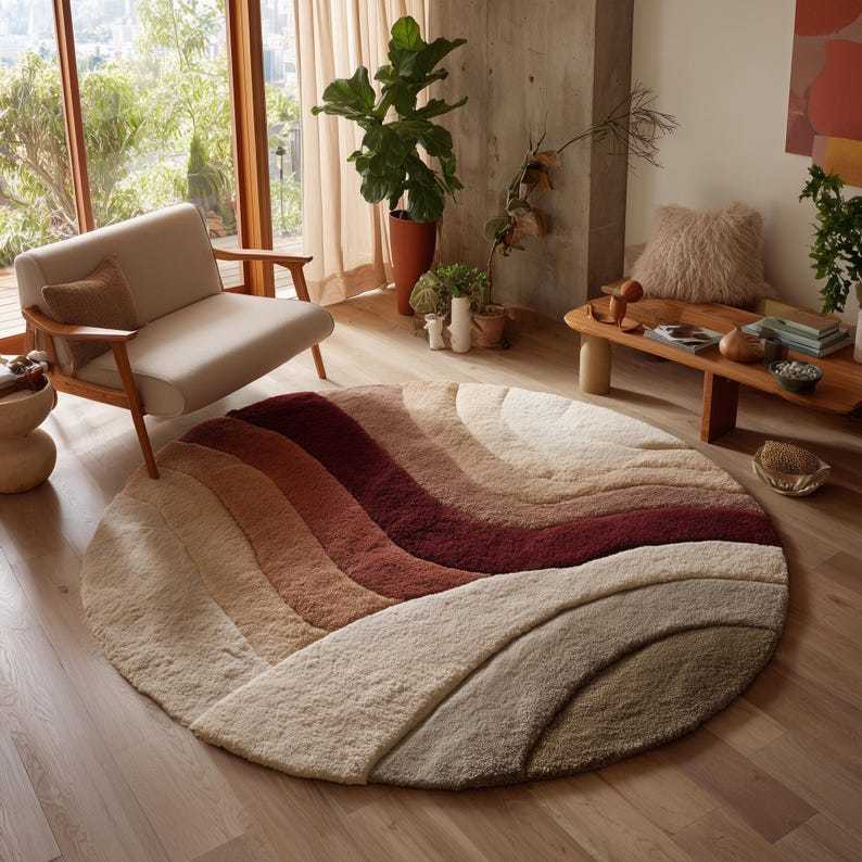 Round Sunset Wool Tufted Rug – Modern Boho Earth Tone Round Area Rug, Textured Hand-Tufted Circular Carpet for Living Room